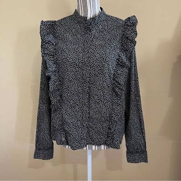 H & M Long Sleeve Blue White Floral Ruffle Prairie Peasant Cottagecore Blouse 12 - Picture 1 of 14